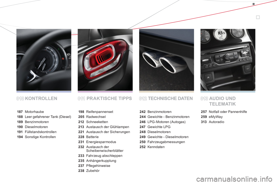 CITROEN DS3 2014  Betriebsanleitungen (in German) KONTROLLEN PRAKTISCHE TIPPS TECHNISCHE DATEN AUDIO UND 
TELEMATIK
187 Motorhaube
188Leer gefahrener Tank (Diesel)
189Benzinmotoren
190Dieselmotoren
191Füllstandskontrollen
194 Sonstige Kontrollen
198