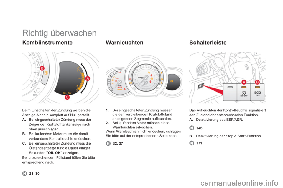 CITROEN DS3 2013  Betriebsanleitungen (in German)   Richtig überwachen 
Beim Einschalten der Zündung werden die Anzeige-Nadeln komplett auf Null gestellt. A. 
 Bei eingeschalteter Zündung muss der 
Zeiger der Kraftstofftankanzeige nach
oben aussch