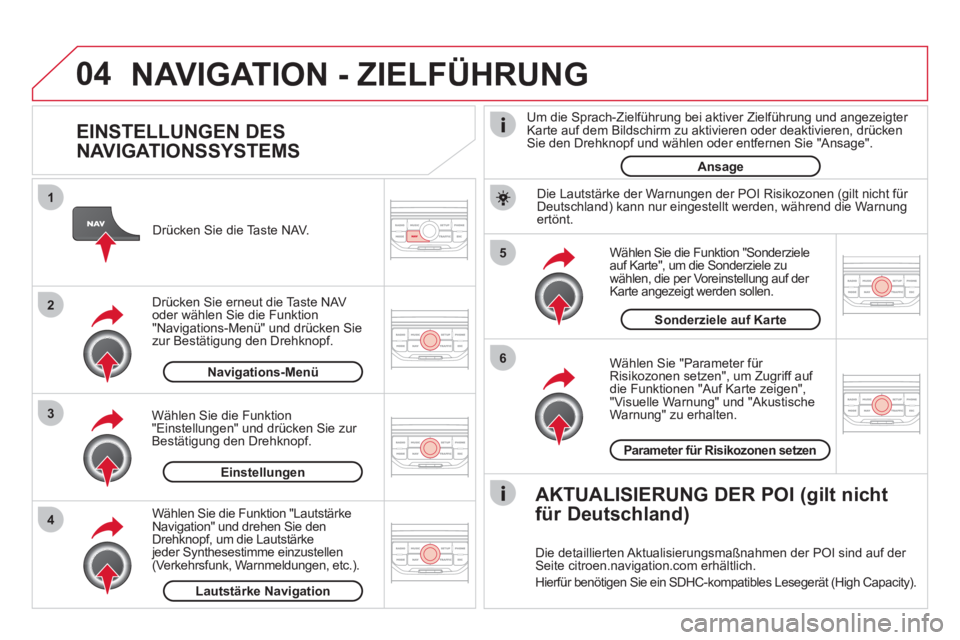 CITROEN DS3 2013 Betriebsanleitungen (in German) 04
5
6
3 2 1
4
EINSTELLUNGEN DES
NAVIGATIONSSYSTEMS
Wählen Sie "Parameter für Risikozonen setzen" , um Zugriff auf
die Funktionen "Auf Karte zeigen" ,
"Visuelle Warnung" und "Akusti CITROEN DS3 2013 Betriebsanleitungen (in German) 04
5
6
3 2 1
4
EINSTELLUNGEN DES
NAVIGATIONSSYSTEMS
Wählen Sie "Parameter für Risikozonen setzen" , um Zugriff auf
die Funktionen "Auf Karte zeigen" ,
"Visuelle Warnung" und "Akusti