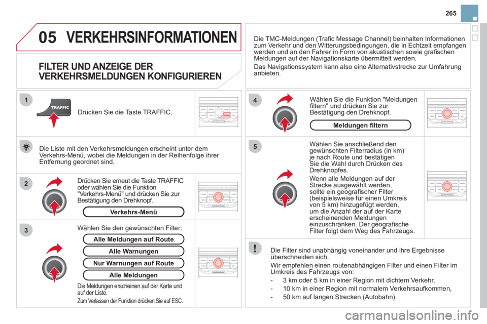CITROEN DS3 2013  Betriebsanleitungen (in German) 265
05
2 1
3
4
5
VERKEHRSINFORMATIONEN
   
 
 
 
 
 
 
 
 
FlLTER UND ANZEIGE DER 
VERKEHRSMELDUNGEN KONFIGURIEREN 
   
Wählen Sie anschließend dengewünschten Filterradius (in km)je nach Route und 
