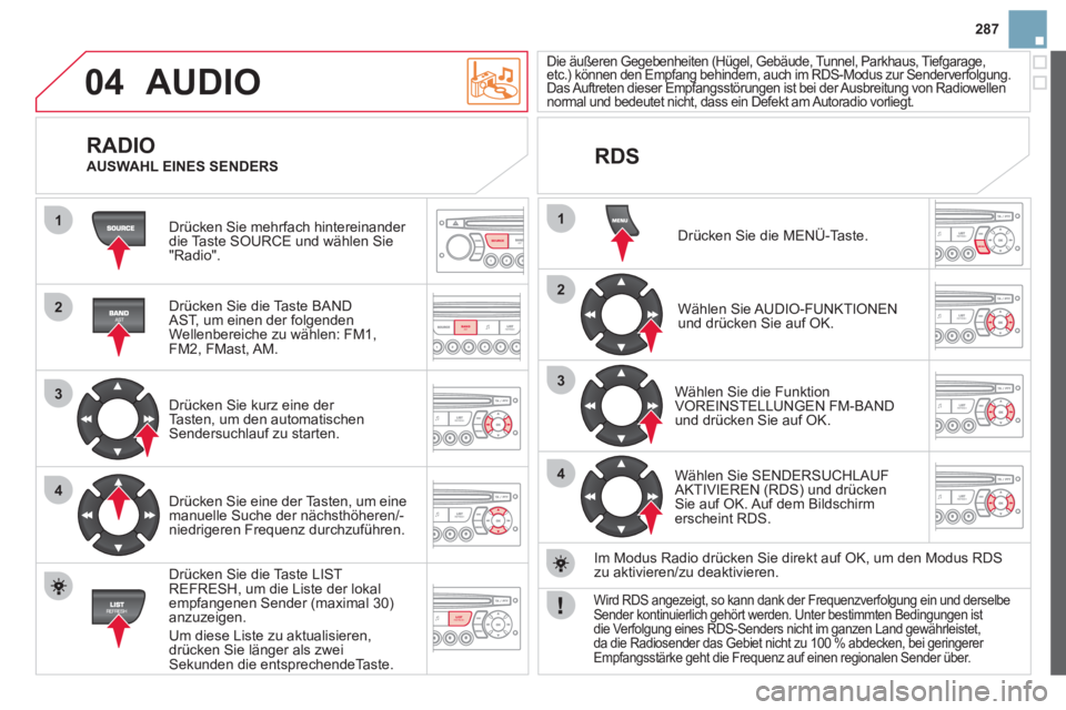CITROEN DS3 2013 Betriebsanleitungen (in German) 287
04
1
2
3
4
1
2
3
4
SOURCE
BANDAST
LISTREFRESH
MENU
AUDIO
Drücken Sie mehrfach hintereinander
die Taste SOURCE und wählen Sie"Radio".
Drücken
Sie die Taste BANDAST, um einen der fol CITROEN DS3 2013 Betriebsanleitungen (in German) 287
04
1
2
3
4
1
2
3
4
SOURCE
BANDAST
LISTREFRESH
MENU
AUDIO
Drücken Sie mehrfach hintereinander
die Taste SOURCE und wählen Sie"Radio".
Drücken
Sie die Taste BANDAST, um einen der fol