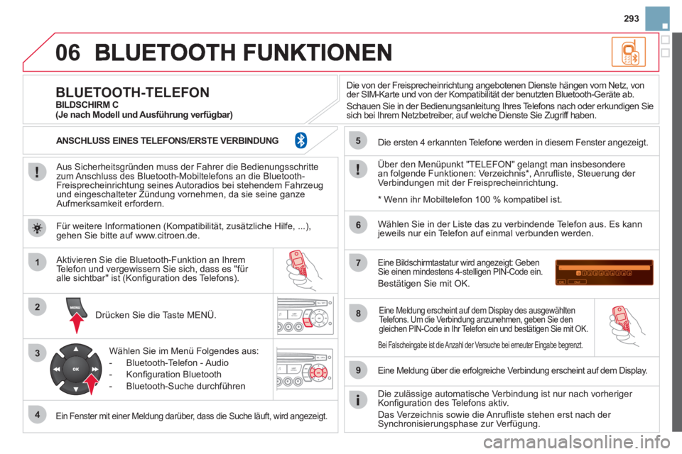 CITROEN DS3 2013  Betriebsanleitungen (in German) 293
06
1
2
3
4
5
6
7
8
9
MENU
OK
   
Aus Sicherheitsgründen muss der Fahrer die Bedienungsschrittezum Anschluss des Bluetooth-Mobiltelefons an die Bluetooth-Freisprecheinrichtung seines Autoradios be