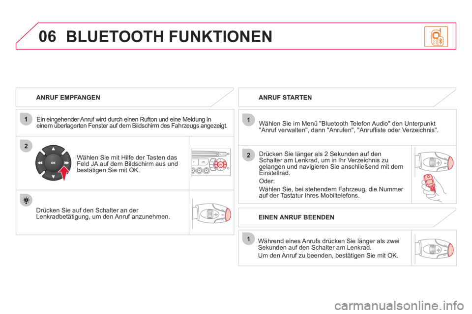 CITROEN DS3 2013 Betriebsanleitungen (in German) 06
2
1
2
1
OK
ANRUF EMPFANGEN
Ein eingehender Anruf wird durch einen Rufton und eine Meldung in einem überlagerten Fenster auf dem Bildschirm des Fahrzeugs angezeigt.
Wählen Sie mit Hi CITROEN DS3 2013 Betriebsanleitungen (in German) 06
2
1
2
1
OK
ANRUF EMPFANGEN
Ein eingehender Anruf wird durch einen Rufton und eine Meldung in einem überlagerten Fenster auf dem Bildschirm des Fahrzeugs angezeigt.
Wählen Sie mit Hi