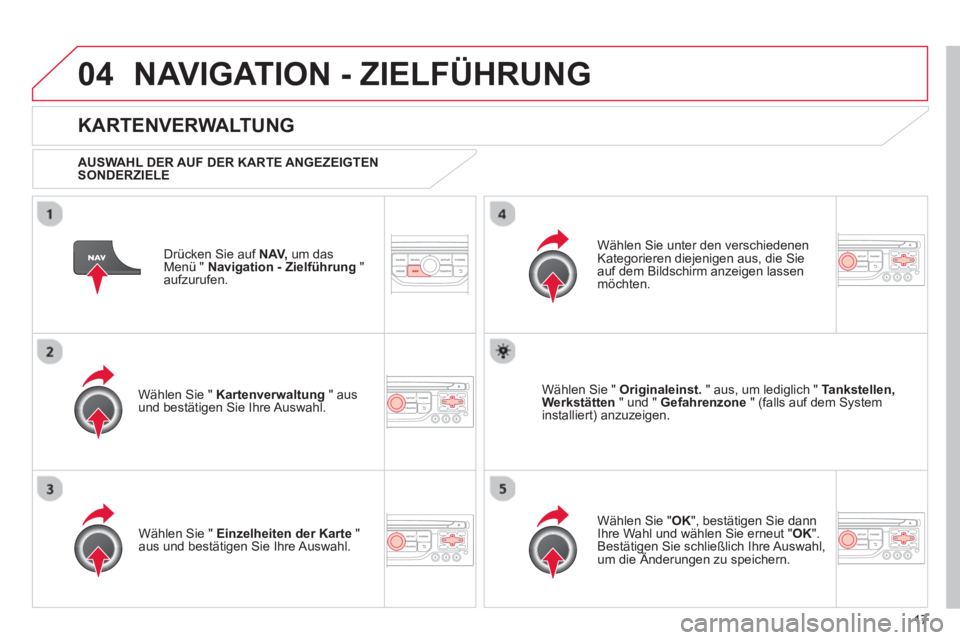 CITROEN DS3 2013  Betriebsanleitungen (in German) 17
04NAVIGATION - ZIELFÜHRUNG 
Drücken Sie auf  NAV,um das Menü "  Navigation - Zielführung"aufzurufen.
 
 
KARTENVERWALTUNG
 
 
AUSWAHL DER AUF DER KARTE ANGEZEIGTENSONDERZIELE  
Wählen 
Sie "  