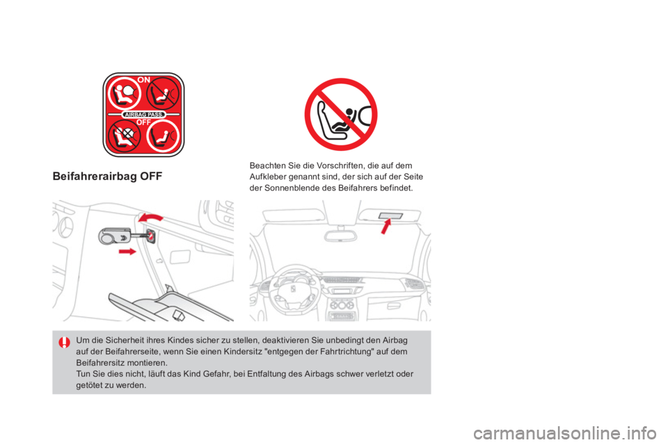 CITROEN DS3 2011  Betriebsanleitungen (in German)    
 
Beifahrerairbag OFF  
 
 
Beachten Sie die Vorschriften, die auf dem 
Aufkleber genannt sind, der sich auf der Seite 
der Sonnenblende des Beifahrers befindet.  
   
Um die Sicherheit ihres Kind