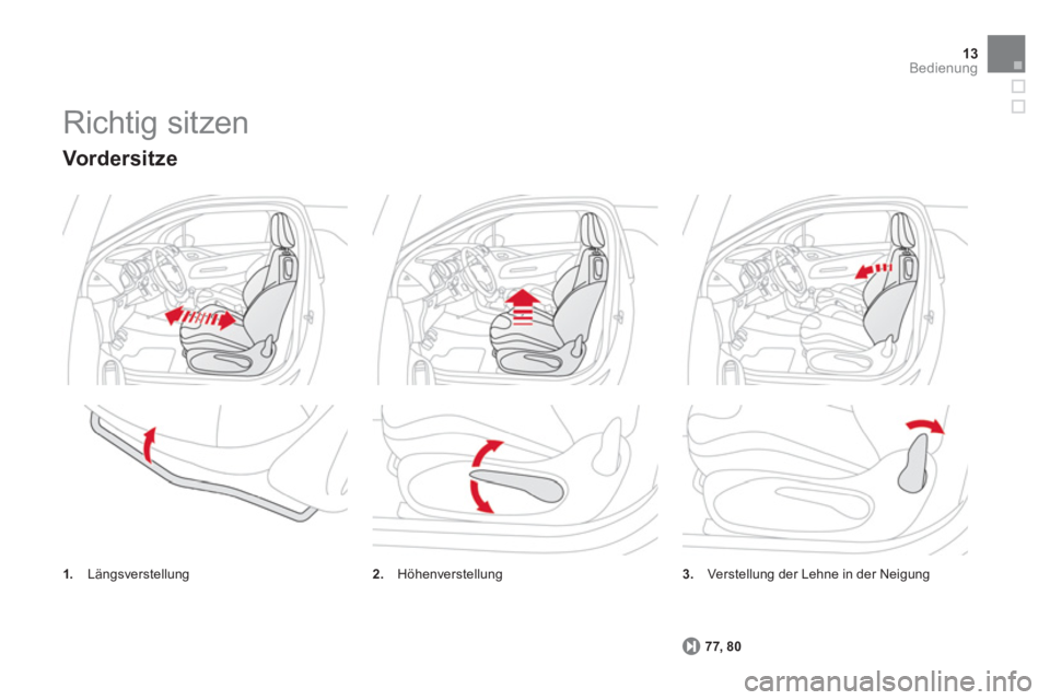 CITROEN DS3 2011  Betriebsanleitungen (in German) 13Bedienung
  Richtig sitzen 
 
 
3.  
Verstellung der Lehne in der Neigung 
   
77, 80 
 
 
 
 
Vord er si t ze 
 
 
1. 
 Längsverstellung    
2. 
 Höhenverstellung  