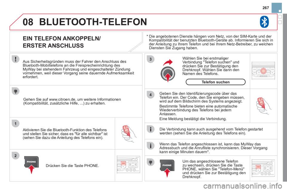 CITROEN DS3 2011  Betriebsanleitungen (in German) 08
1
2
3
4
267
  BLUETOOTH-TELEFON 
 
 
*    
Die angebotenen Dienste hängen vom Netz, von der SIM-Karte und der 
Kompatibilität der benutzten Bluetooth-Geräte ab. Informieren Sie sich in 
der Anle