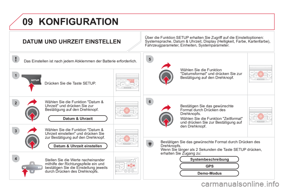 CITROEN DS3 2011 Betriebsanleitungen (in German) 09
4 3 2 1
65
KONFIGURATION
DATUM UND UHRZEIT EINSTELLEN
Über die Funktion SETUP erhalten Sie Zugriff auf die Einstelloptionen:
Systemsprache, Datum & Uhrzeit, CITROEN DS3 2011 Betriebsanleitungen (in German) 09
4 3 2 1
65
KONFIGURATION
DATUM UND UHRZEIT EINSTELLEN
Über die Funktion SETUP erhalten Sie Zugriff auf die Einstelloptionen:
Systemsprache, Datum & Uhrzeit,