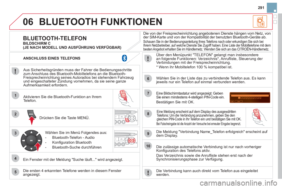 CITROEN DS3 2011  Betriebsanleitungen (in German) 06
1
2
3
4
5
6
7
8
9
10
291
  BLUETOOTH FUNKTIONEN 
 
 
Aus Sicherheitsgründen muss der Fahrer die Bedienungsschritte 
zum Anschluss des Bluetooth-Mobiltelefons an die Bluetooth-
Freisprecheinrichtun