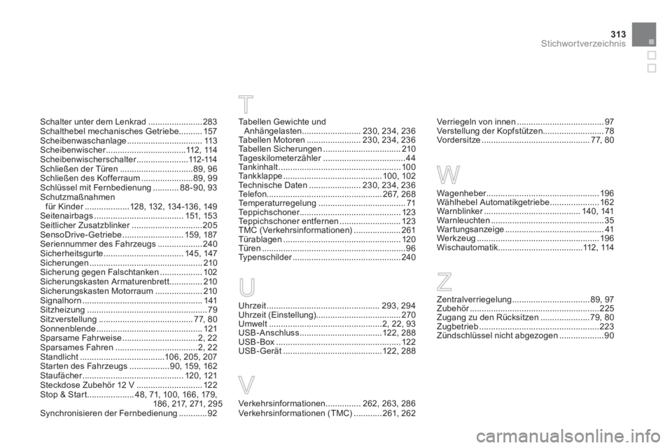 CITROEN DS3 2011  Betriebsanleitungen (in German) 313Stichwortverzeichnis
Schalter unter dem Lenkrad ....................... 283
Schalthebel mechanisches Getriebe.......... 157
Scheibenwaschanlage ................................ 113
Scheibenwischer 