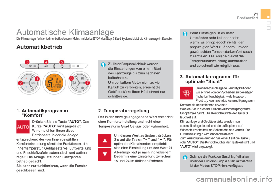 CITROEN DS3 2011  Betriebsanleitungen (in German) 71Bordkomfort
   
 
 
 
 
 
 
 
 
 
 
 
 
 
 
 
 
Automatische Klimaanlage  
Die Klimaanlage funktioniert nur bei laufendem Motor. Im Modus STOP des Stop & Start-Systems bleibt die Klimaanlage in Stan
