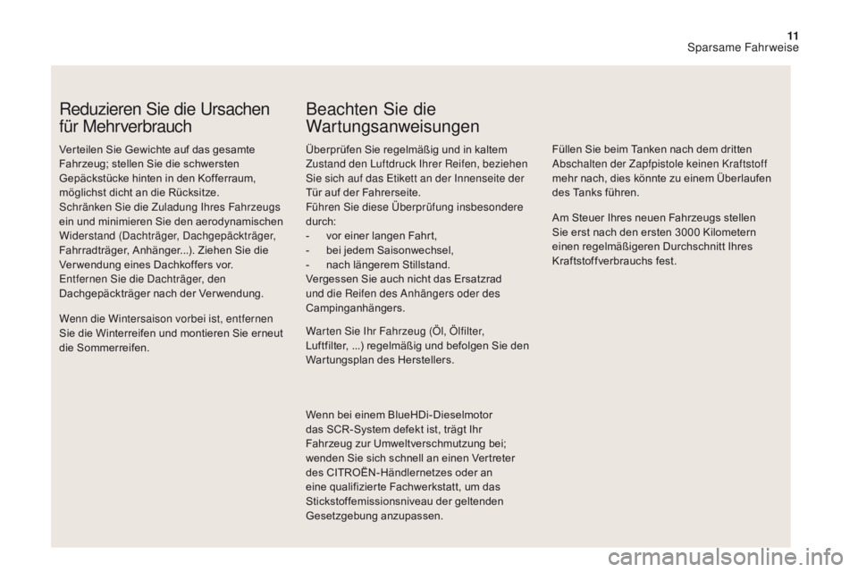 CITROEN DS4 2017  Betriebsanleitungen (in German) 11
DS4_de_Chap00c_eco-conduite_ed01-2016
Reduzieren Sie die Ursachen 
für Mehrverbrauch
Verteilen Sie Gewichte auf das gesamte 
Fahrzeug; stellen Sie die schwersten 
Gepäckstücke hinten in den Koff