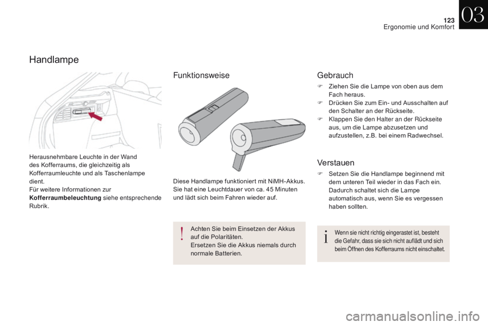 CITROEN DS4 2017  Betriebsanleitungen (in German) 123
DS4_de_Chap03_ergonomie-et-confort_ed01-2016
Herausnehmbare Leuchte in der Wand 
des Kofferraums, die gleichzeitig als 
Kofferraumleuchte und als Taschenlampe 
dient.
Für weitere Informationen zu