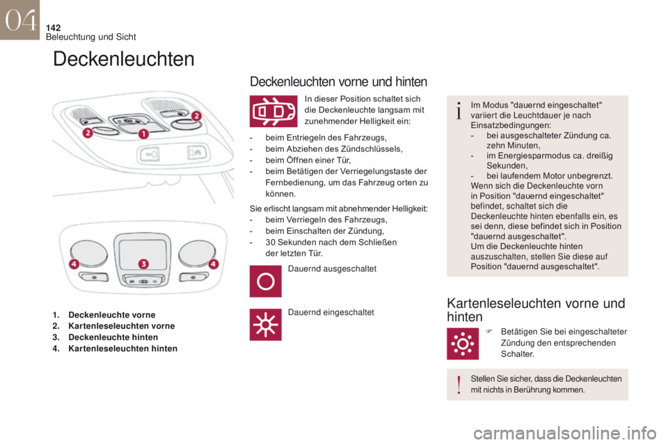 CITROEN DS4 2017  Betriebsanleitungen (in German) 142
DS4_de_Chap04_eclairage-et-visibilite_ed01-2016
1. Deckenleuchte vorne
2. Kartenleseleuchten  vorne
3.
 D

eckenleuchte hinten
4.
 K

artenleseleuchten hinten
Deckenleuchten
In dieser Position sch