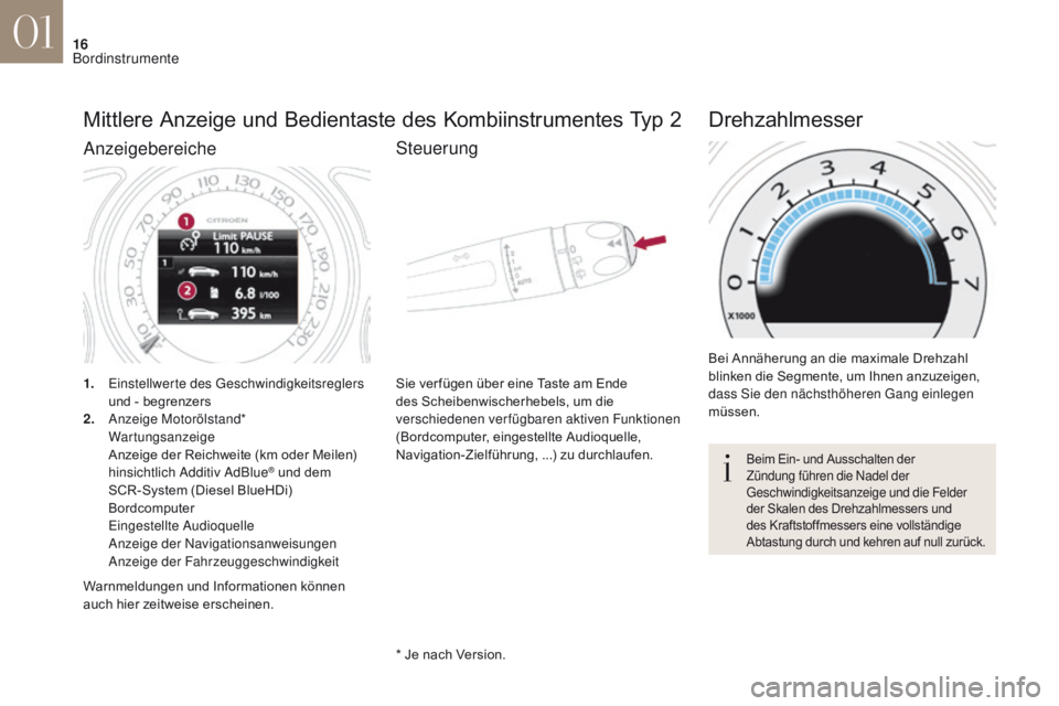CITROEN DS4 2017  Betriebsanleitungen (in German) 16
DS4_de_Chap01_instruments-de-bord_ed01-2016
Mittlere Anzeige und Bedientaste des Kombiinstrumentes Typ 2
1. Einstellwerte des Geschwindigkeitsreglers und - begrenzers
2.
 A

nzeige Motorölstand* 
