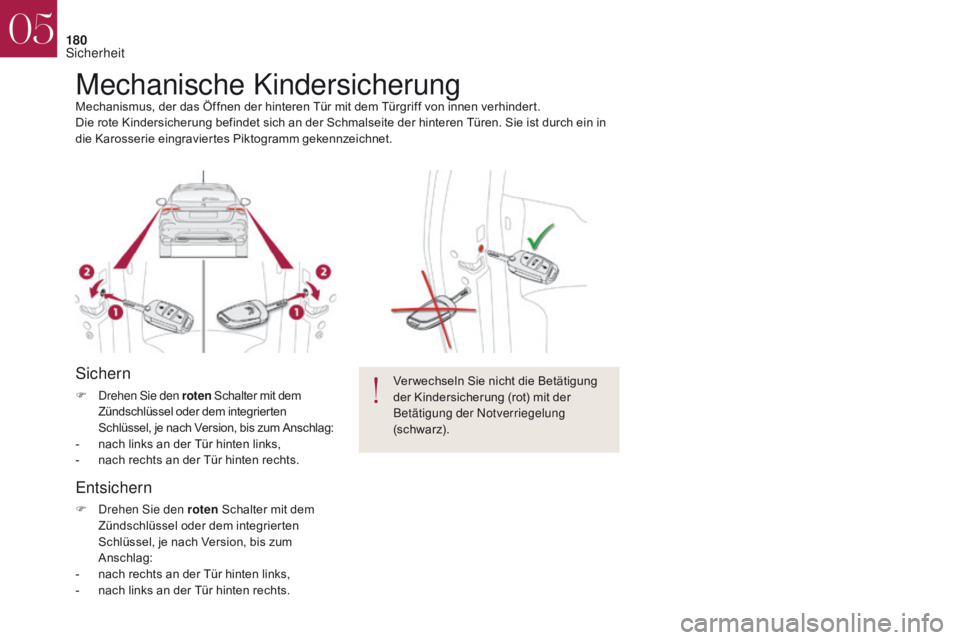 CITROEN DS4 2017  Betriebsanleitungen (in German) 180
Mechanische KindersicherungMechanismus, der das Öffnen der hinteren Tür mit dem Türgriff von innen verhindert.
Die rote Kindersicherung befindet sich an der Schmalseite der hinteren Türen. Sie