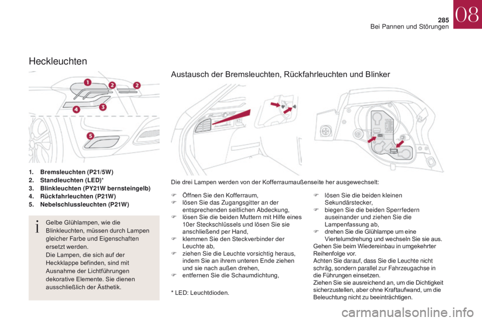 CITROEN DS4 2017  Betriebsanleitungen (in German) 285
DS4_de_Chap08_en-cas-de-panne_ed01-2016
1. Bremsleuchten (P21/5W)
2. Standleuchten (LED) *
3.
 B

linkleuchten (PY21W bernsteingelb)
4.
 R

ückfahrleuchten  (P21W )
5.
 N

ebelschlussleuchten  (P