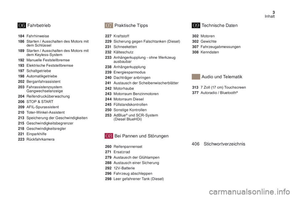 CITROEN DS4 2017  Betriebsanleitungen (in German) 07
08
0609
3
DS4_de_Chap00a_sommaire_ed01-2016
Bei Pannen und Störungen
184 Fahrhinweise
186
 S
 tarten / Ausschalten des Motors mit 
dem
  Schlüssel
189
 S

tarten / Ausschalten des Motors mit 
dem