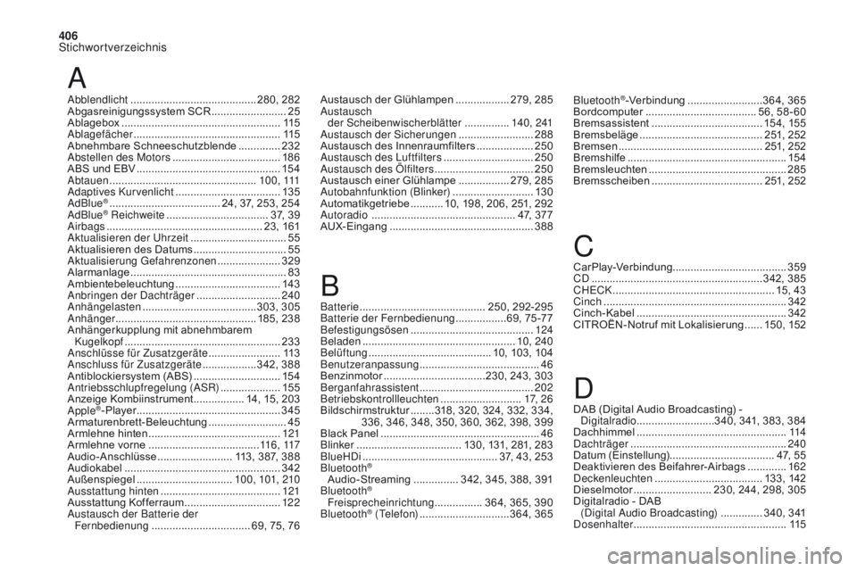 CITROEN DS4 2017 Betriebsanleitungen (in German) 406
Stichwortverzeichnis
DS4_de_Chap11_index-alpha_ed01-2016
A
Abblendlicht .......................................... 280, 282
Abgasreinigungssystem SCR ......................... 25
A
blagebox
..... CITROEN DS4 2017 Betriebsanleitungen (in German) 406
Stichwortverzeichnis
DS4_de_Chap11_index-alpha_ed01-2016
A
Abblendlicht .......................................... 280, 282
Abgasreinigungssystem SCR ......................... 25
A
blagebox
.....