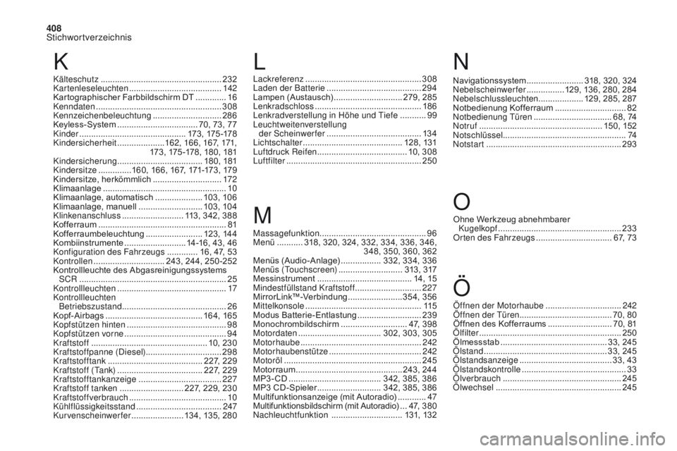 CITROEN DS4 2017 Betriebsanleitungen (in German) 408
Stichwortverzeichnis
DS4_de_Chap11_index-alpha_ed01-2016
N
M
Massagefunktion ............................................. 96
Menü ........... 3 18, 320, 324, 332, 334, 336, 346,
348, 350, 360 CITROEN DS4 2017 Betriebsanleitungen (in German) 408
Stichwortverzeichnis
DS4_de_Chap11_index-alpha_ed01-2016
N
M
Massagefunktion ............................................. 96
Menü ........... 3 18, 320, 324, 332, 334, 336, 346,
348, 350, 360