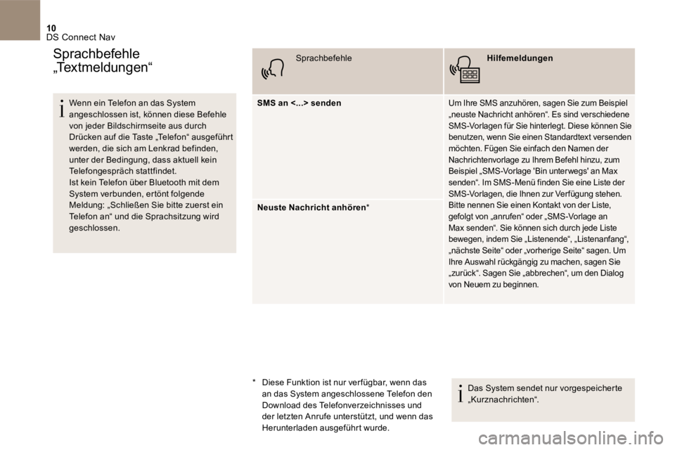 CITROEN DS4 2017  Betriebsanleitungen (in German) 10 DS Connect Nav 
      Wenn  ein  Telefon  an  das  System angeschlossen ist, können diese Befehle von jeder Bildschirmseite aus durch Drücken auf die Taste „Telefon“ ausgeführt werden, die s
