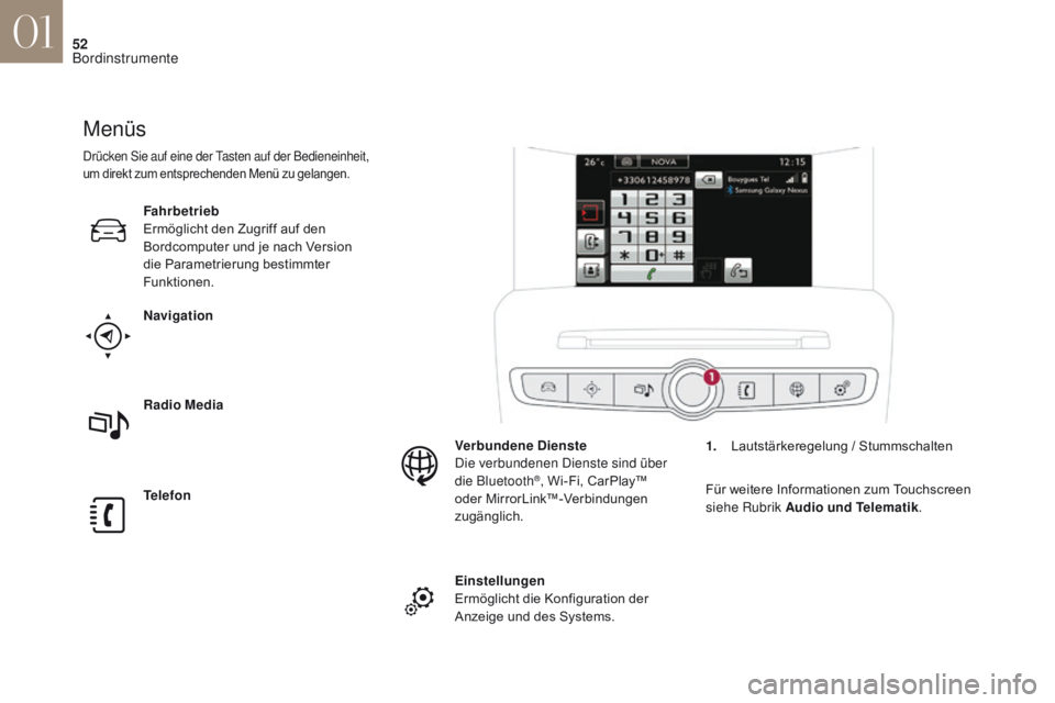 CITROEN DS4 2017  Betriebsanleitungen (in German) 52
DS4_de_Chap01_instruments-de-bord_ed01-2016
Menüs
Navigation
Telefon Radio Media Fahrbetrieb
Ermöglicht den Zugriff auf den 
Bordcomputer und je nach Version 
die Parametrierung bestimmter 
Funkt