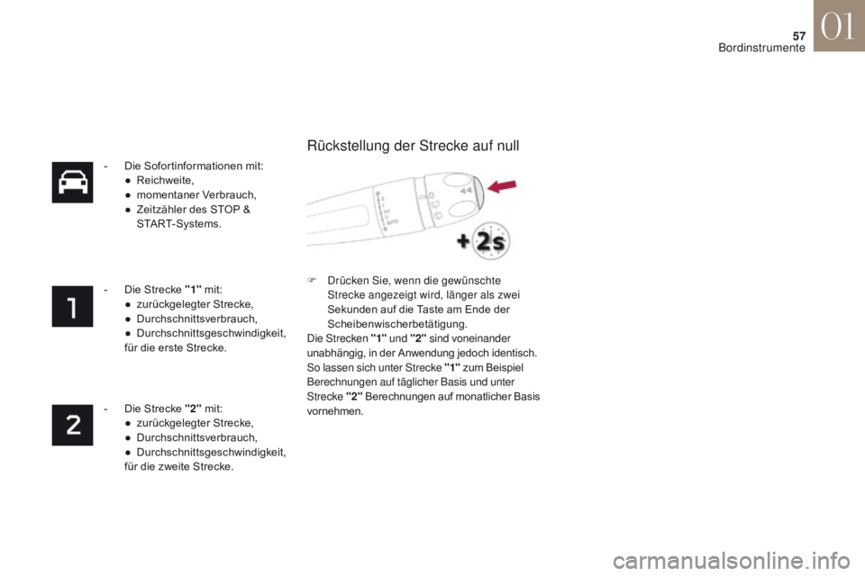 CITROEN DS4 2017  Betriebsanleitungen (in German) 57
DS4_de_Chap01_instruments-de-bord_ed01-2016
- Die Sofortinformationen mit:● R eichweite,
●
 
m
 omentaner Verbrauch,
●
 
Z
 eitzähler des STOP & 
START-Systems.
-
 
D
 ie Strecke " 1"