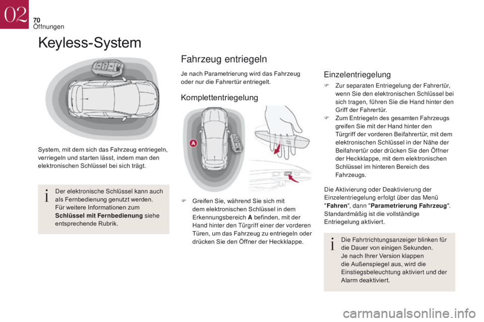 CITROEN DS4 2017  Betriebsanleitungen (in German) 70
DS4_de_Chap02_ouvertures_ed01-2016
Keyless-System
System, mit dem sich das Fahrzeug entriegeln, 
verriegeln und starten lässt, indem man den 
elektronischen Schlüssel bei sich trägt.Der elektron