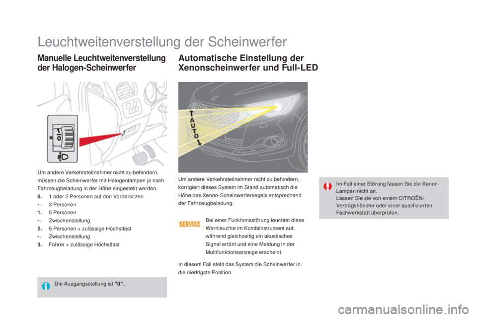 CITROEN DS4 2016  Betriebsanleitungen (in German) DS4_de_Chap05_visibilite_ed03-2015
automatische Einstellung der 
Xenonscheinwerfer und Full-LED
Im Fall einer Störung fassen Sie die Xenon-
Lampen nicht an.
Lassen Sie sie von einem CITROËN-
Vertrag