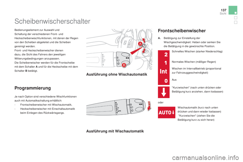 CITROEN DS4 2016  Betriebsanleitungen (in German) 137
DS4_de_Chap05_visibilite_ed03-2015
Bedienungselement zur Auswahl und 
Schaltung der verschiedenen Front- und 
Heckscheibenwischfunktionen, mit denen der Regen 
von den Scheiben abgeleitet und die 