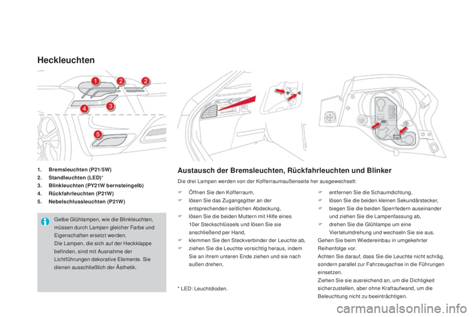 CITROEN DS4 2016  Betriebsanleitungen (in German) DS4_de_Chap09_info-pratiques_ed03-2015
1. Bremsleuchten (p21/5w)
2. S tandleuchten (LED) *
3.
 B

linkleuchten (
pY
 21
w b
 ernsteingelb)
4.
 R

ückfahrleuchten  (
p2

1 w
)
5. N

ebelschlussleuchte