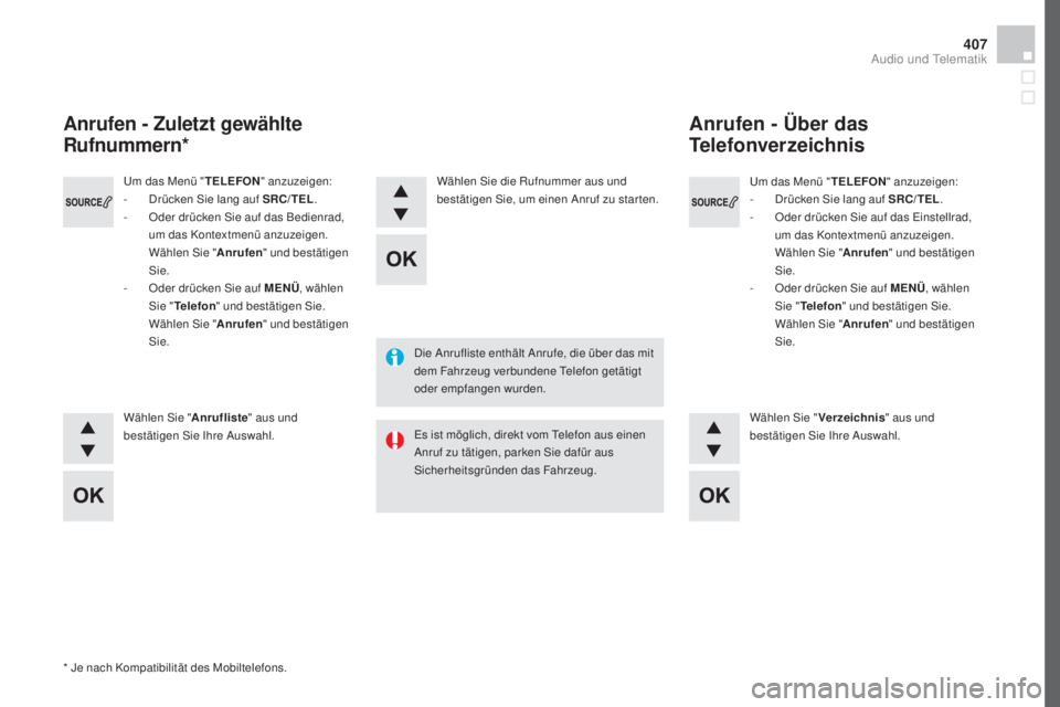 CITROEN DS4 2016  Betriebsanleitungen (in German) 407
DS4_de_Chap12d_RD5_ed03-2015
Um das Menü "TELEFON" anzuzeigen:
-  D rücken Sie lang auf SRC/TEL .
-
 O

der drücken Sie auf das Einstellrad, 
um das Kontextmenü anzuzeigen. 
Wählen Si