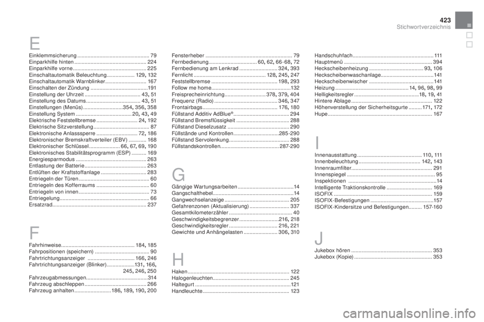 CITROEN DS4 2016  Betriebsanleitungen (in German) 423
DS4_de_Chap13_index-alpha_ed03-2015
Einklemmsicherung ................................................. 79
Einparkhilfe hinten  ................................................. 224
Einparkhilfe v