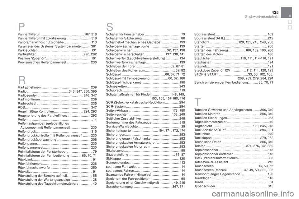 CITROEN DS4 2016  Betriebsanleitungen (in German) 425
DS4_de_Chap13_index-alpha_ed03-2015
Pannenhilferuf................................................. 167, 318
Pannenhilferuf mit Lokalisierung    ...........................318
Panorama-Windschutzs