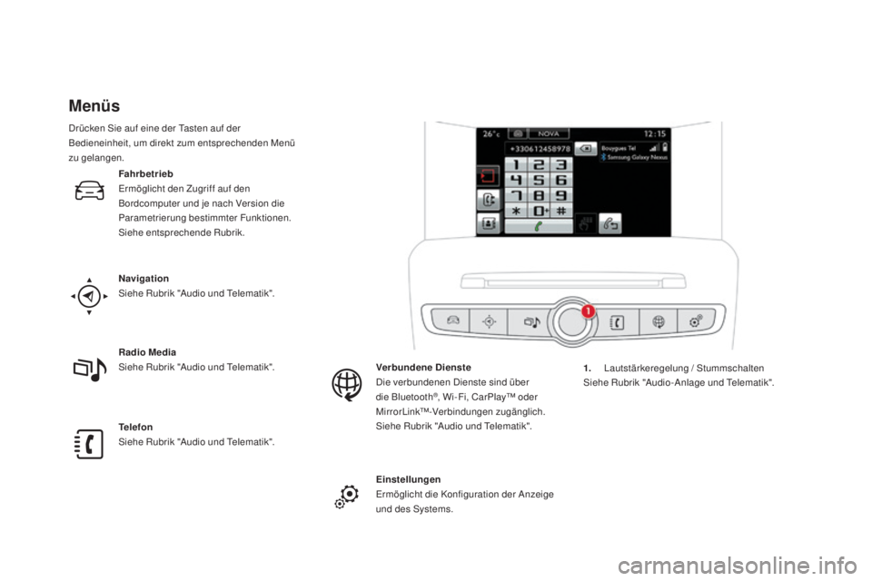 CITROEN DS4 2016 Betriebsanleitungen (in German) DS4_de_Chap01_controle-de-marche_ed03-2015
menüs
Navigation
Siehe Rubrik "Audio und Telematik".
Telefon
Siehe Rubrik "Audio und Telematik". Radio m
ed
ia
Siehe Rubrik "Audio und CITROEN DS4 2016 Betriebsanleitungen (in German) DS4_de_Chap01_controle-de-marche_ed03-2015
menüs
Navigation
Siehe Rubrik "Audio und Telematik".
Telefon
Siehe Rubrik "Audio und Telematik". Radio m
ed
ia
Siehe Rubrik "Audio und