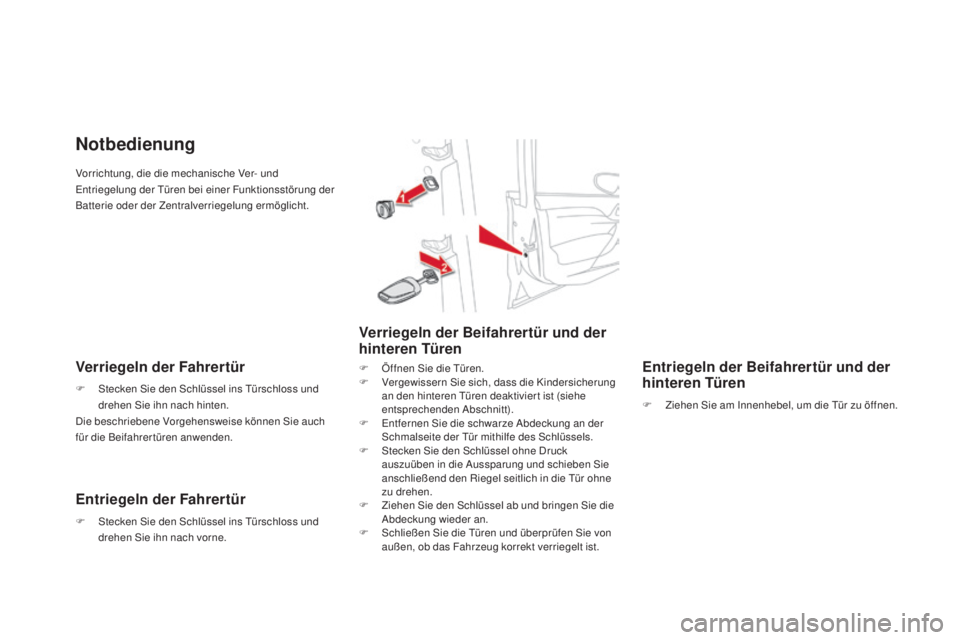 CITROEN DS4 2016  Betriebsanleitungen (in German) DS4_de_Chap02_ouvertures_ed03-2015
Vorrichtung, die die mechanische Ver- und 
Entriegelung der Türen bei einer Funktionsstörung der 
Batterie oder der Zentralverriegelung ermöglicht.
Notbedienung
V