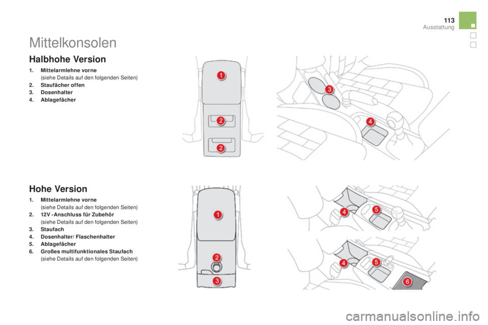 CITROEN DS4 2015 Betriebsanleitungen (in German) 11 3
DS4_de_Chap04_amenagement_ed02-2015
Halbhohe Version
1. mittelarmlehne vorne (
siehe Details auf den folgenden Seiten)
2.
St
aufächer offen
3.
Dos
enhalter
4.
ab
lagefächer
Hohe Versio CITROEN DS4 2015 Betriebsanleitungen (in German) 11 3
DS4_de_Chap04_amenagement_ed02-2015
Halbhohe Version
1. mittelarmlehne vorne (
siehe Details auf den folgenden Seiten)
2.
St
aufächer offen
3.
Dos
enhalter
4.
ab
lagefächer
Hohe Versio