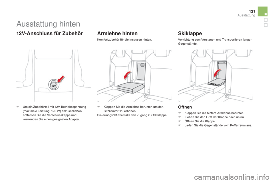 CITROEN DS4 2015  Betriebsanleitungen (in German) 121
DS4_de_Chap04_amenagement_ed02-2015
Öffnen
F Klappen Sie die hintere Armlehne herunter.
F Z iehen Sie den Griff der Klappe nach unten.
F
 
Ö
 ffnen Sie die Klappe.
F
 
L
 aden Sie die Gegenstän