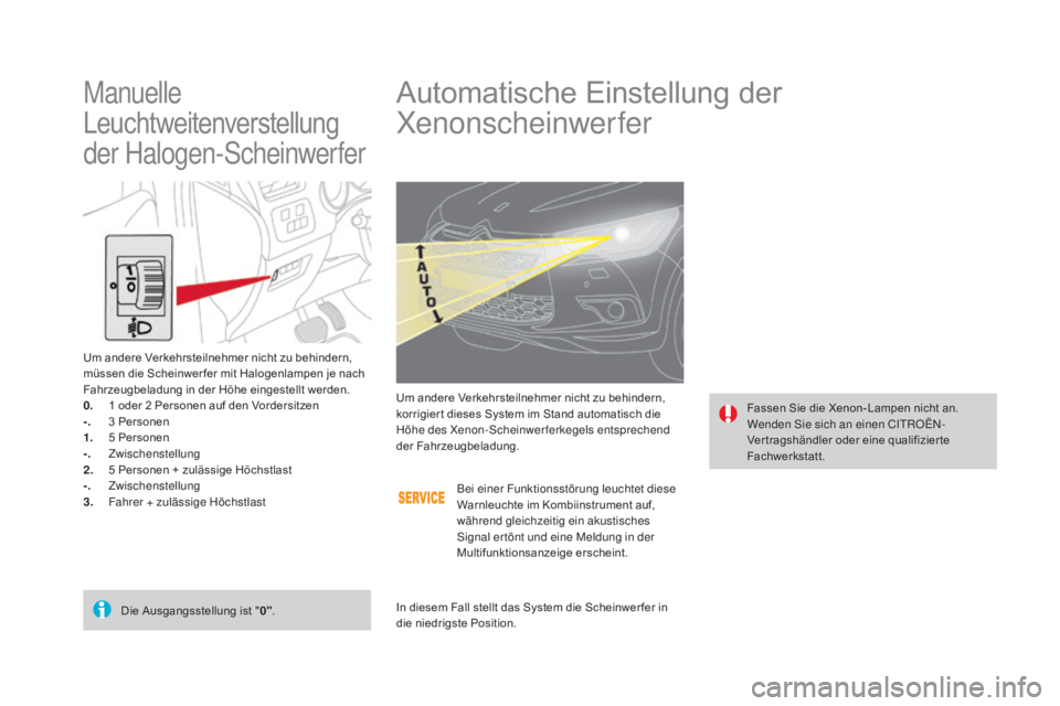 CITROEN DS4 2015 Betriebsanleitungen (in German) DS4_de_Chap05_visibilite_ed02-2015
Automatische Einstellung der
Xenonscheinwerfer
Fassen Sie die Xenon- Lampen nicht an.
Wenden Sie sich an einen CITROËN-
Ver tragshändler oder eine qualifizier te CITROEN DS4 2015 Betriebsanleitungen (in German) DS4_de_Chap05_visibilite_ed02-2015
Automatische Einstellung der
Xenonscheinwerfer
Fassen Sie die Xenon- Lampen nicht an.
Wenden Sie sich an einen CITROËN-
Ver tragshändler oder eine qualifizier te