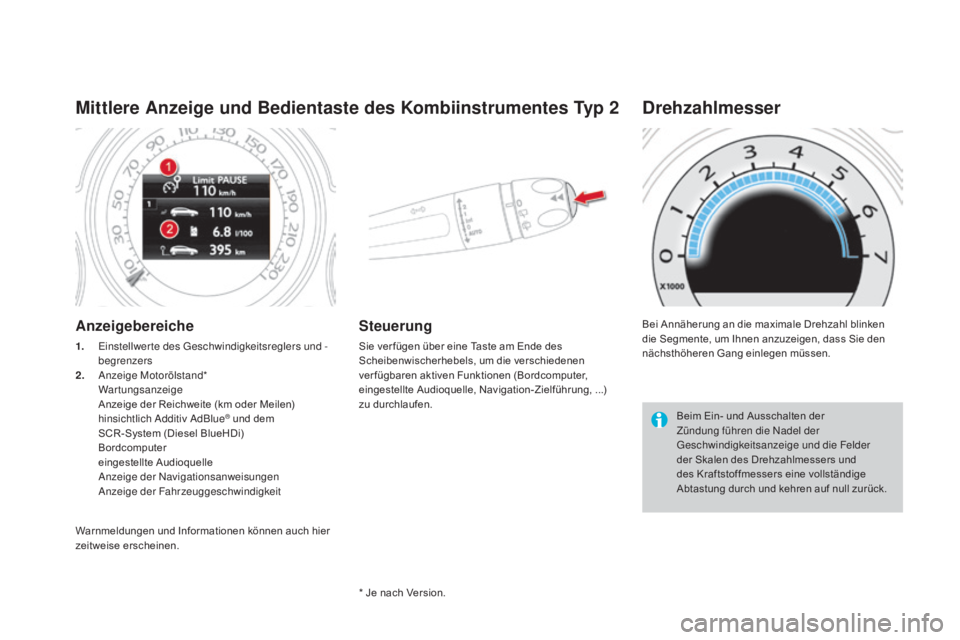 CITROEN DS4 2015  Betriebsanleitungen (in German) DS4_de_Chap01_controle-de-marche_ed02-2015
mittlere an zeige und Bedientaste des Kombiinstrumentes Typ 2
anzeigebereiche
1. Einstellwerte des Geschwindigkeitsreglers und -  
begrenzers
2.
 A

nzeige M