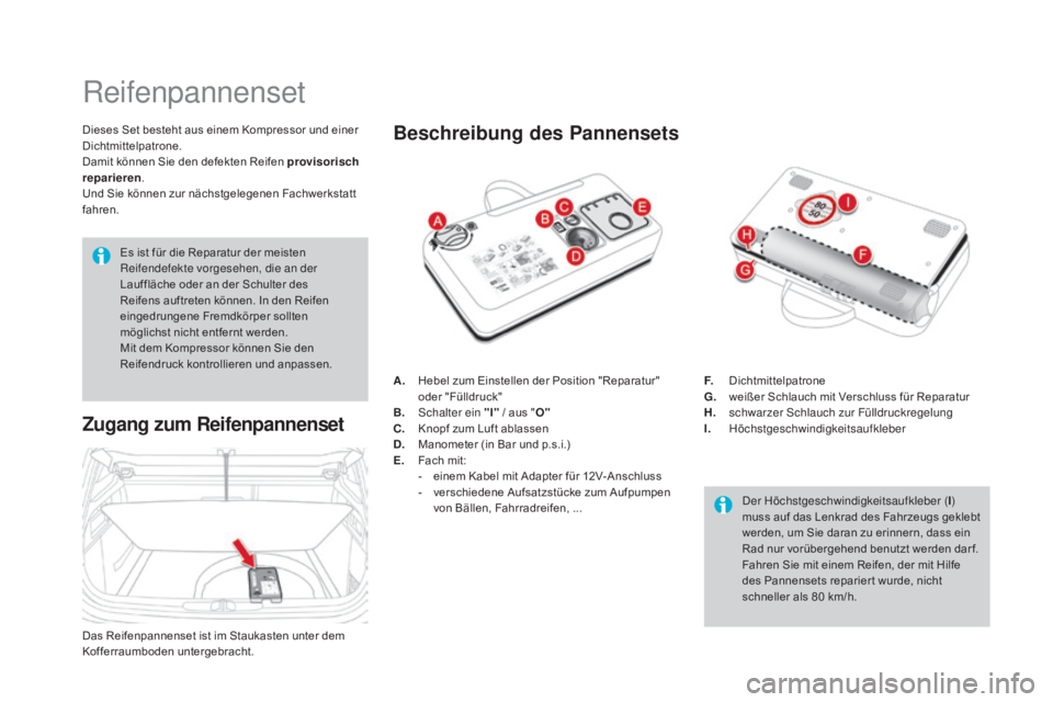 CITROEN DS4 2015 Betriebsanleitungen (in German) DS4_de_Chap10_info-pratiques_ed02-2015
Reifenpannenset
Dieses Set besteht aus einem Kompressor und einer
Dichtmittelpatrone.
Damit können Sie den defekten Reifen provisorisch
reparieren.
Und Sie kà CITROEN DS4 2015 Betriebsanleitungen (in German) DS4_de_Chap10_info-pratiques_ed02-2015
Reifenpannenset
Dieses Set besteht aus einem Kompressor und einer
Dichtmittelpatrone.
Damit können Sie den defekten Reifen provisorisch
reparieren.
Und Sie kÃ