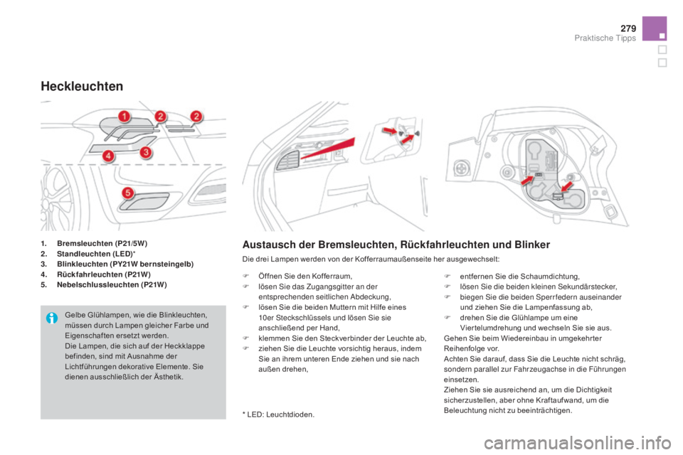 CITROEN DS4 2015 Betriebsanleitungen (in German) 279
DS4_de_Chap10_info-pratiques_ed02-2015
1. Bremsleuchten (p21/5w)
2. S tandleuchten (LED) *
3.
B
linkleuchten (
pY
21
w b
ernsteingelb)
4.
R
ückfahrleuchten (
p2
1 w
)
5. N
ebelschlussleu CITROEN DS4 2015 Betriebsanleitungen (in German) 279
DS4_de_Chap10_info-pratiques_ed02-2015
1. Bremsleuchten (p21/5w)
2. S tandleuchten (LED) *
3.
B
linkleuchten (
pY
21
w b
ernsteingelb)
4.
R
ückfahrleuchten (
p2
1 w
)
5. N
ebelschlussleu