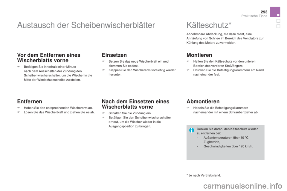 CITROEN DS4 2015 Betriebsanleitungen (in German) 293
DS4_de_Chap10_info-pratiques_ed02-2015
Austausch der Scheibenwischerblätter
Vor dem Entfernen eines
wi
scherblatts vorne
F Betätigen Sie innerhalb einer Minute
nach dem Ausschalten der Zündun CITROEN DS4 2015 Betriebsanleitungen (in German) 293
DS4_de_Chap10_info-pratiques_ed02-2015
Austausch der Scheibenwischerblätter
Vor dem Entfernen eines
wi
scherblatts vorne
F Betätigen Sie innerhalb einer Minute
nach dem Ausschalten der Zündun