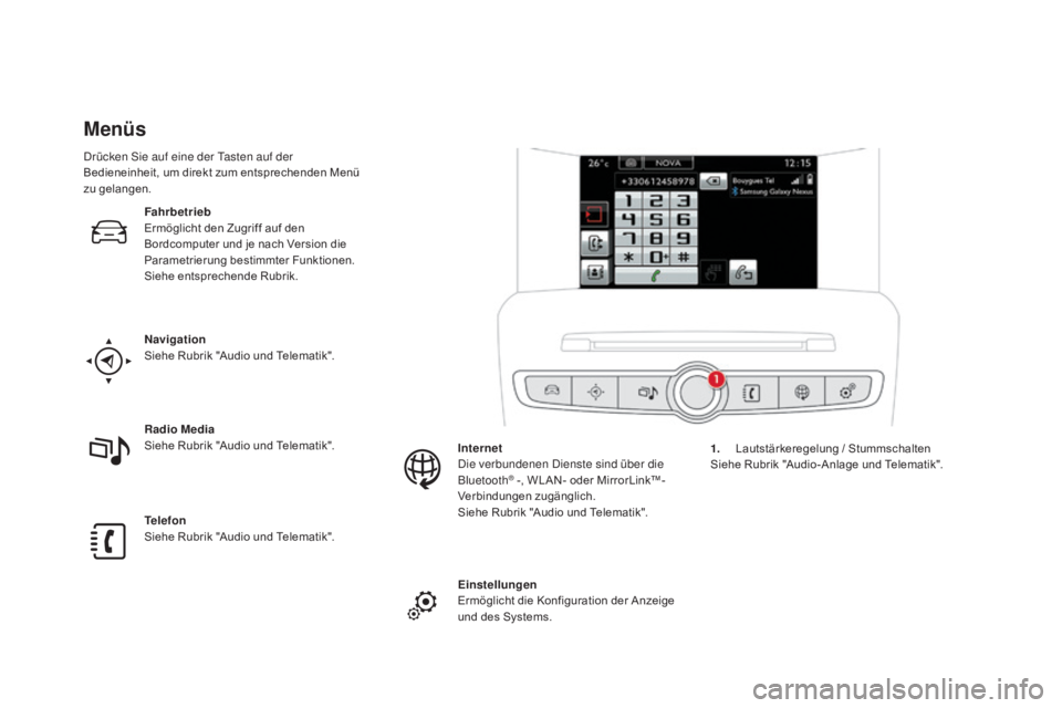 CITROEN DS4 2015  Betriebsanleitungen (in German) DS4_de_Chap01_controle-de-marche_ed02-2015
menüs
Navigation
Siehe Rubrik "Audio und Telematik".
Telefon
Siehe Rubrik "Audio und Telematik". Radio m
ed
 ia
Siehe Rubrik "Audio und 