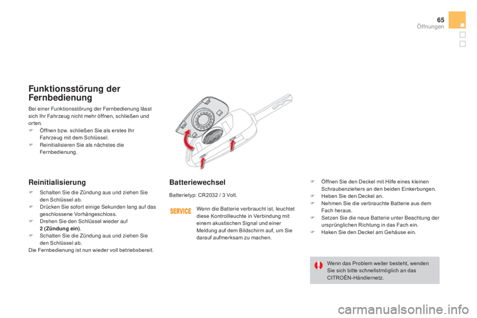 CITROEN DS4 2015 Betriebsanleitungen (in German) 65
DS4_de_Chap02_ouvertures_ed02-2015
Bei einer Funktionsstörung der Fernbedienung lässt
sich Ihr Fahrzeug nicht mehr öffnen, schließen und
orten.
F
Ö
ffnen bzw. schließen Sie als erstes Ihr CITROEN DS4 2015 Betriebsanleitungen (in German) 65
DS4_de_Chap02_ouvertures_ed02-2015
Bei einer Funktionsstörung der Fernbedienung lässt
sich Ihr Fahrzeug nicht mehr öffnen, schließen und
orten.
F
Ö
ffnen bzw. schließen Sie als erstes Ihr