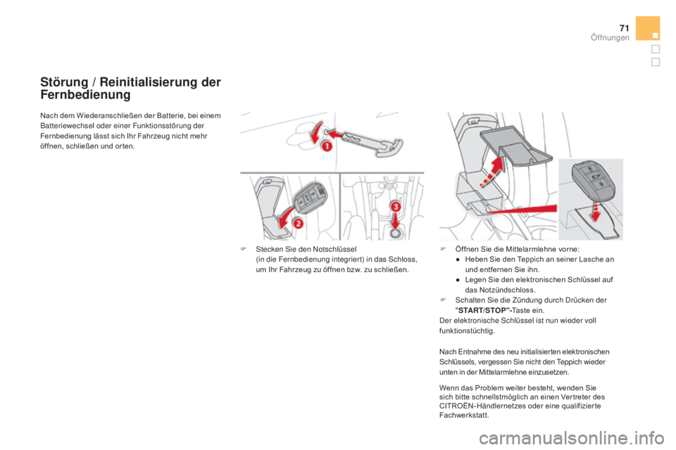CITROEN DS4 2015 Betriebsanleitungen (in German) 71
DS4_de_Chap02_ouvertures_ed02-2015
Störung / Reinitialisierung der
Fernbedienung
Wenn das Problem weiter besteht, wenden Sie
sich bitte schnellstmöglich an einen Ver treter des
CITROËN-Händl CITROEN DS4 2015 Betriebsanleitungen (in German) 71
DS4_de_Chap02_ouvertures_ed02-2015
Störung / Reinitialisierung der
Fernbedienung
Wenn das Problem weiter besteht, wenden Sie
sich bitte schnellstmöglich an einen Ver treter des
CITROËN-Händl