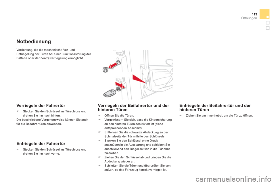 CITROEN DS4 2014  Betriebsanleitungen (in German) 11 3Öffnungen
  Vorrichtung, die die mechanische Ver- und 
Entriegelung der Türen bei einer Funktionsstörung der 
Batterie oder der Zentralverriegelung ermöglicht. 
   
 
 
 
 
 
Notbedienung 
 
 