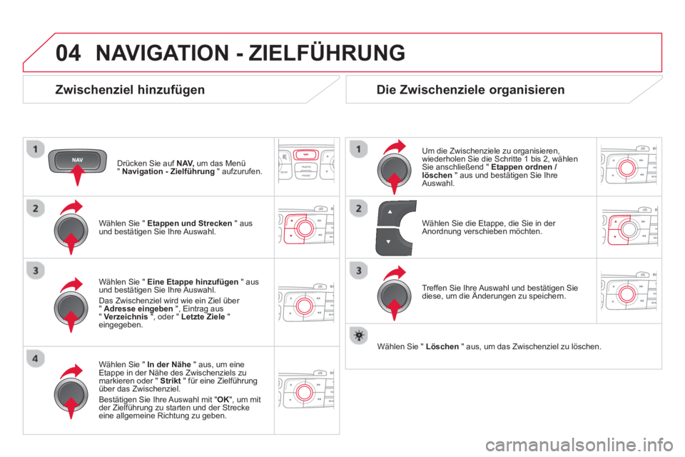 CITROEN DS4 2014 Betriebsanleitungen (in German) 04 NAVIGATION - ZIELFÜHRUNG
Zwischenziel hinzufügen
Drücken Sie auf NAV,
um das Menü
" Navigation - Zielführung
" aufzurufen.
Wählen Sie " Etappen und Strecken
" aus
CITROEN DS4 2014 Betriebsanleitungen (in German) 04 NAVIGATION - ZIELFÜHRUNG
Zwischenziel hinzufügen
Drücken Sie auf NAV,
um das Menü
" Navigation - Zielführung
" aufzurufen.
Wählen Sie " Etappen und Strecken
" aus