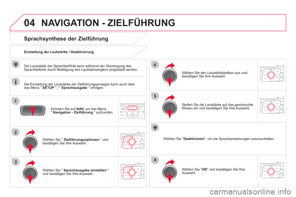 CITROEN DS4 2014 Betriebsanleitungen (in German) 04 NAVIGATION - ZIELFÜHRUNG
Drücken Sie auf NAV,
um das Menü
" Navigation - Zielführung
" aufzurufen.
Sprachsynthese der Zielführung
Wählen Sie " Zielführungs CITROEN DS4 2014 Betriebsanleitungen (in German) 04 NAVIGATION - ZIELFÜHRUNG
Drücken Sie auf NAV,
um das Menü
" Navigation - Zielführung
" aufzurufen.
Sprachsynthese der Zielführung
Wählen Sie " Zielführungs