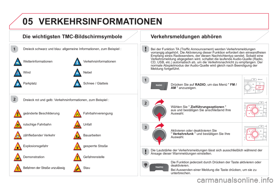 CITROEN DS4 2014 Betriebsanleitungen (in German) 05 VERKEHRSINFORMATIONEN
Die wichtigsten TMC-Bildschirmsymbole
Dreieck rot und gelb: Verkehrsinformationen, zum Beispiel :
Dreieck schwarz und blau: allgemeine Informationen, CITROEN DS4 2014 Betriebsanleitungen (in German) 05 VERKEHRSINFORMATIONEN
Die wichtigsten TMC-Bildschirmsymbole
Dreieck rot und gelb: Verkehrsinformationen, zum Beispiel :
Dreieck schwarz und blau: allgemeine Informationen,